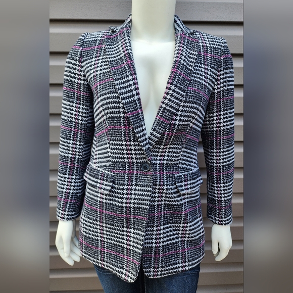 Loft Womens Plaid Blazer Jacket Coat One Button Knit Pink Black Size 10 - Picture 1 of 12